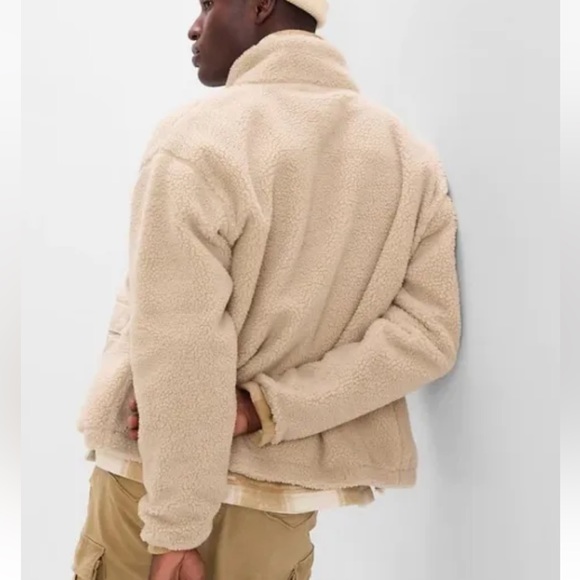 NWT GAP Men Sherpa Full-Zip Surplus Jacket Fleece Pockets Mockneck Beige $128 - Picture 3 of 8